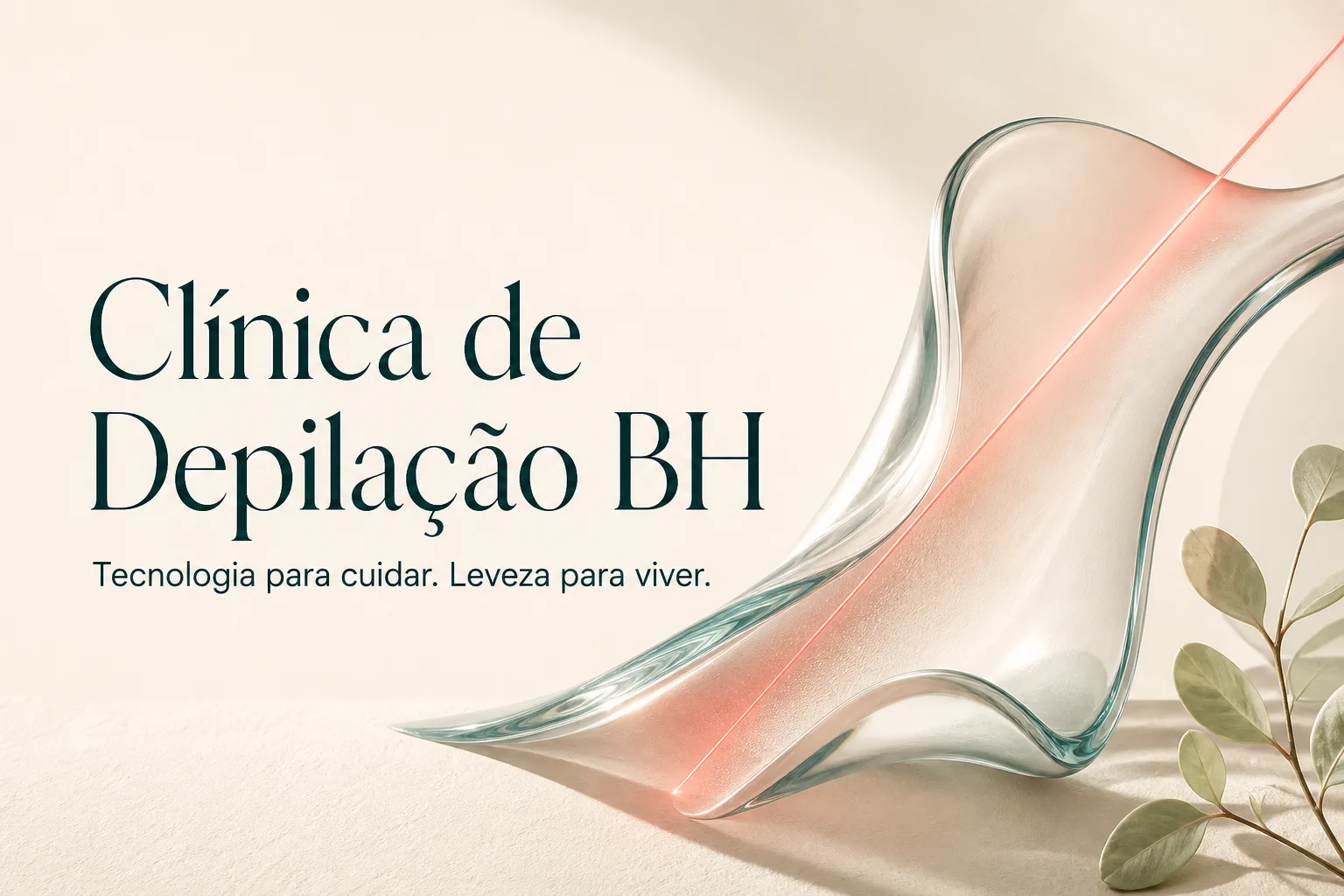 Arte abstrata em vidro translúcido com a frase Clínica de Depilação BH — Tecnologia para cuidar. Leveza para viver.
